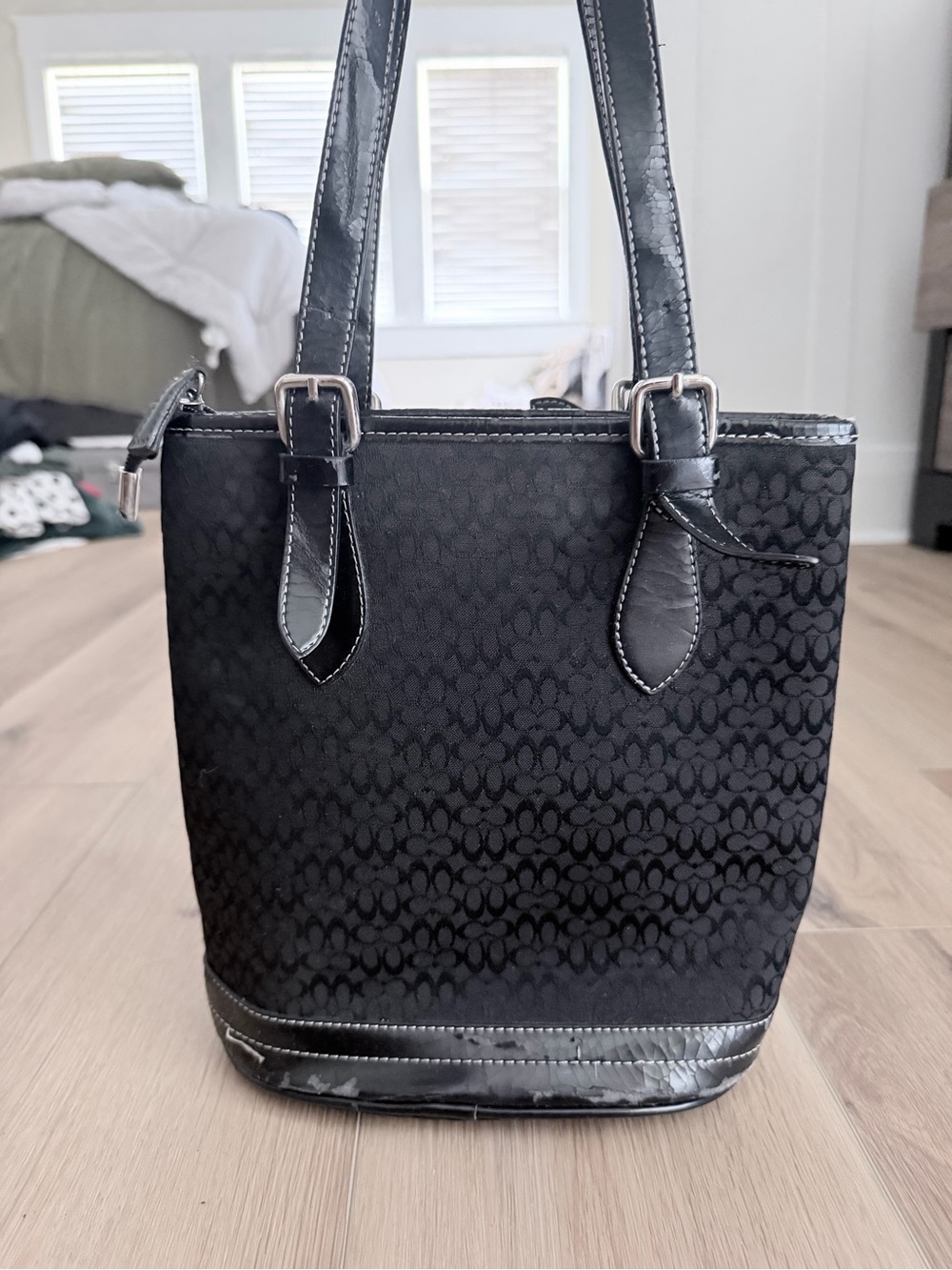 Vintage Coach Soho Signature small black canvas bucket bag with leather trim